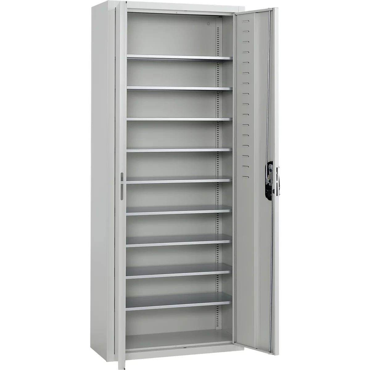 Magazijnkast - B 700 x D 300 x H 1690 mm - 10 legborden - 28 bakken - met deuren - lichtgrijs