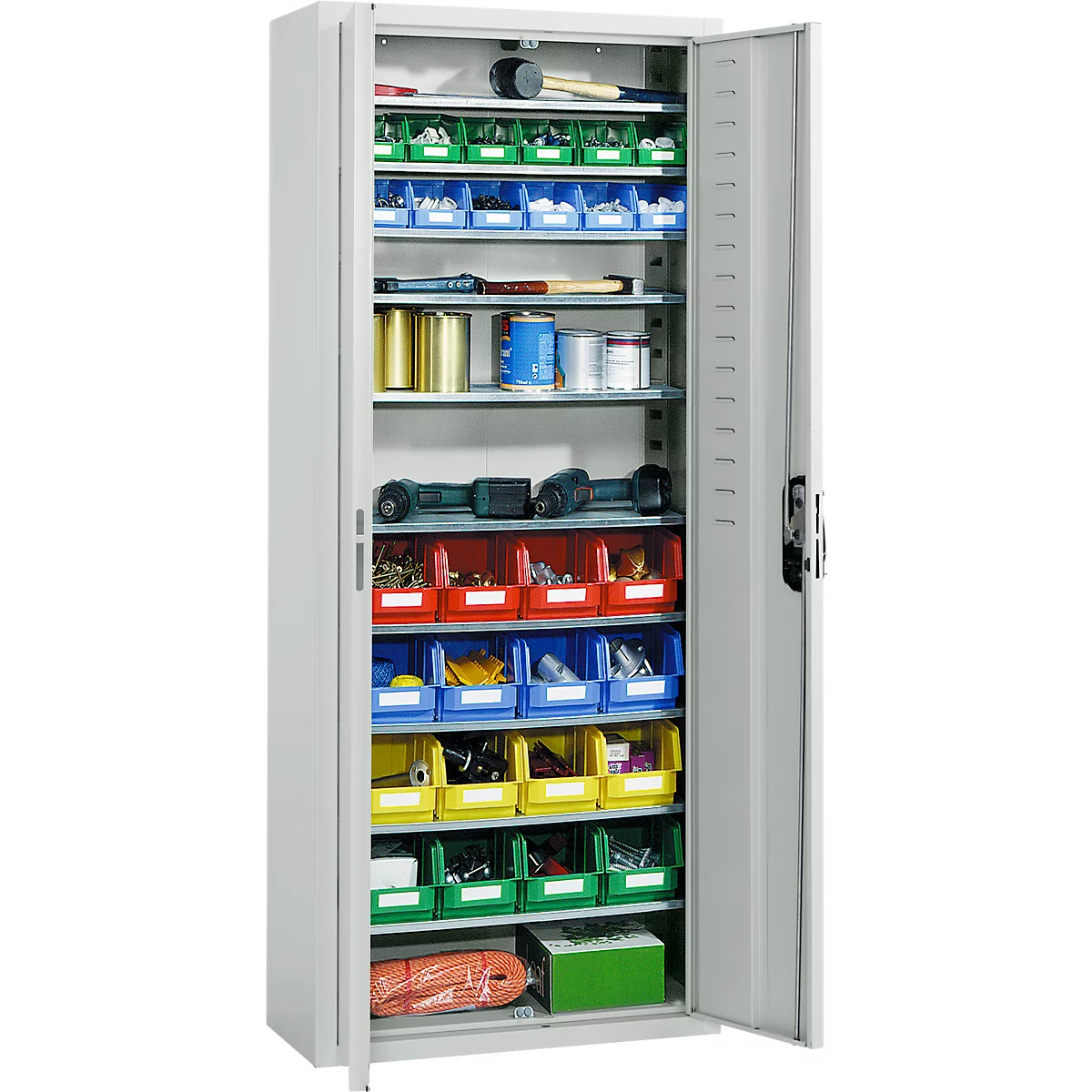 Magazijnkast - B 700 x D 300 x H 1690 mm - 10 legborden - 28 bakken - met deuren - lichtgrijs