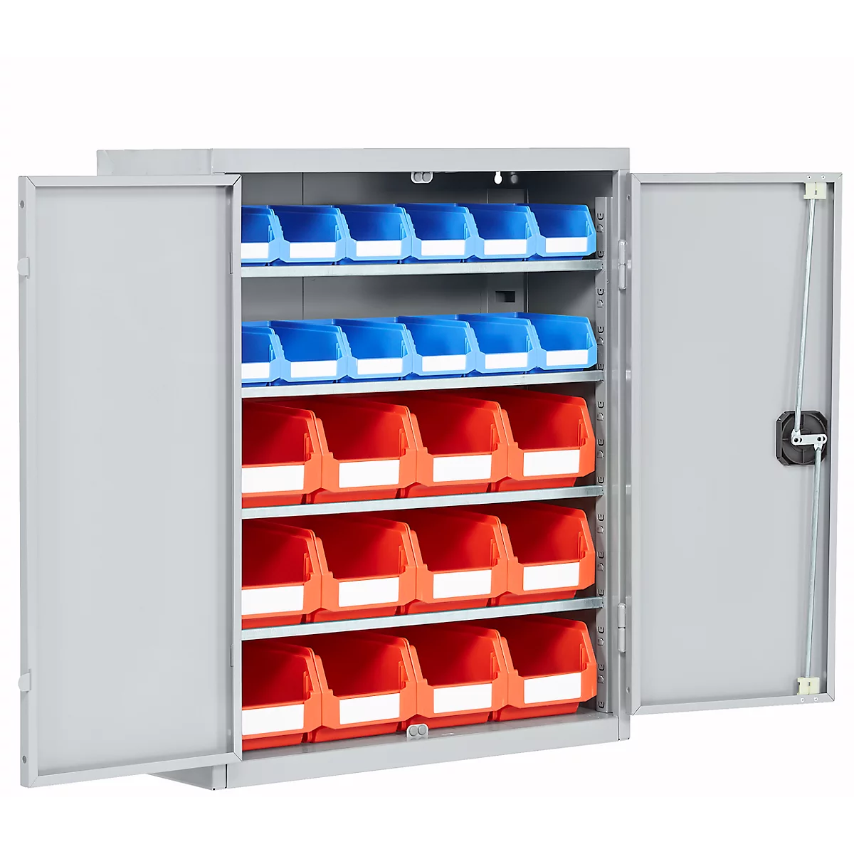 Magazijnkast - B 700 x D 300 x H 830 mm - 4 legborden - 24 bakken - met deuren - lichtgrijs