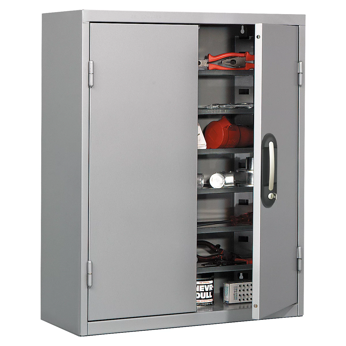 Magazijnkast - B 700 x D 300 x H 830 mm - 6 legborden - 42 bakken - met deuren - blank alu