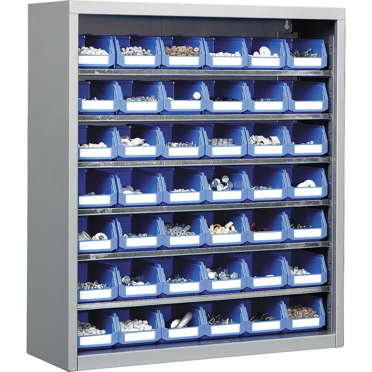 Magazijnkast - B 700 x D 300 x H 830 mm - 6 legborden - 42 bakken - zonder deuren - blank alu
