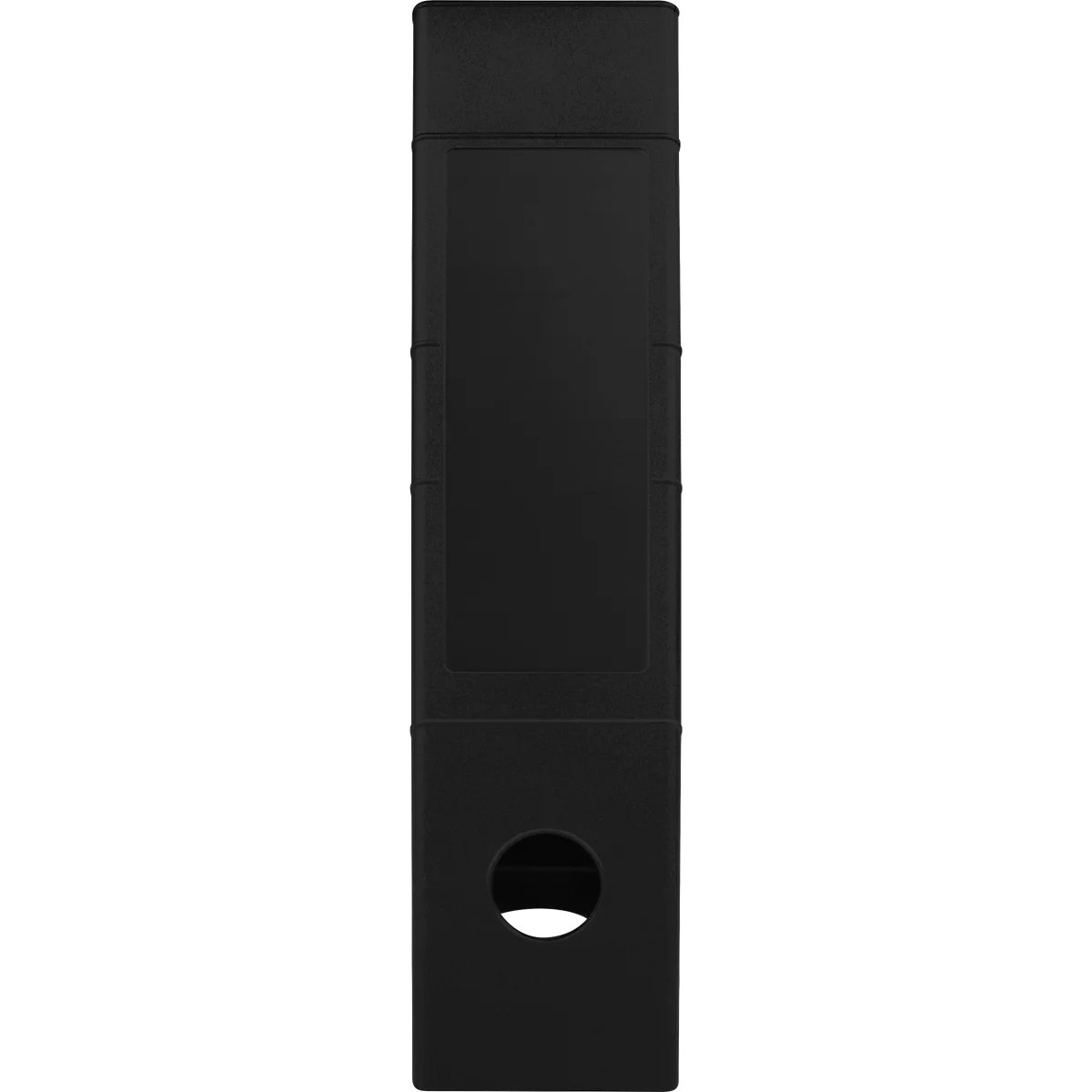 A black, rectangular object with an oval cutout.