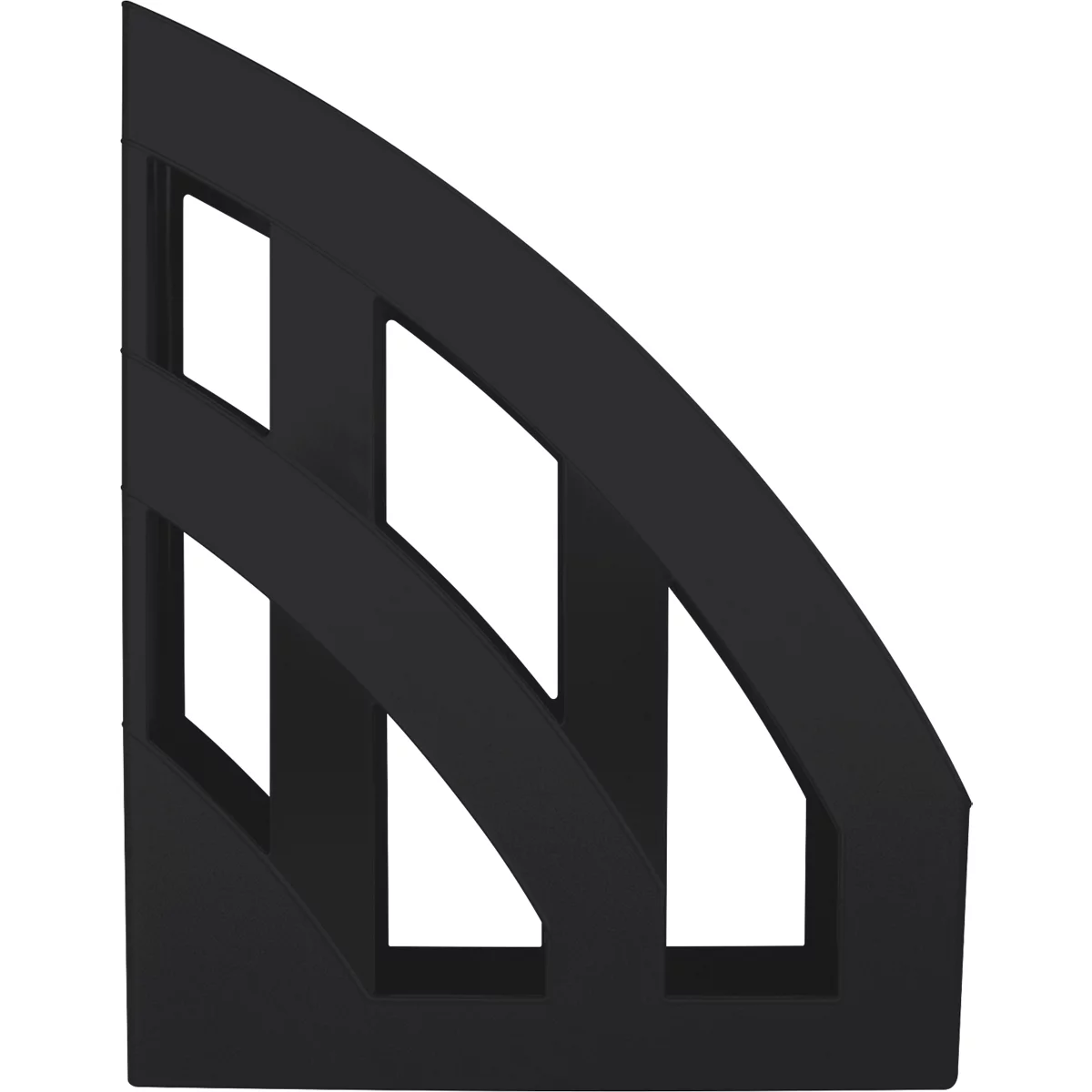 Black, semi-circular magazine rack with a geometric design. Its shape is made up of curved and straight lines forming open compartments.