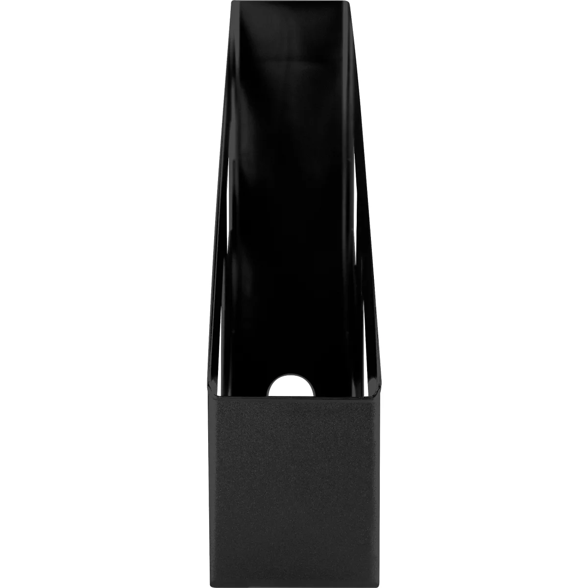 Black waste paper basket, tall and narrow, with a circular recess.