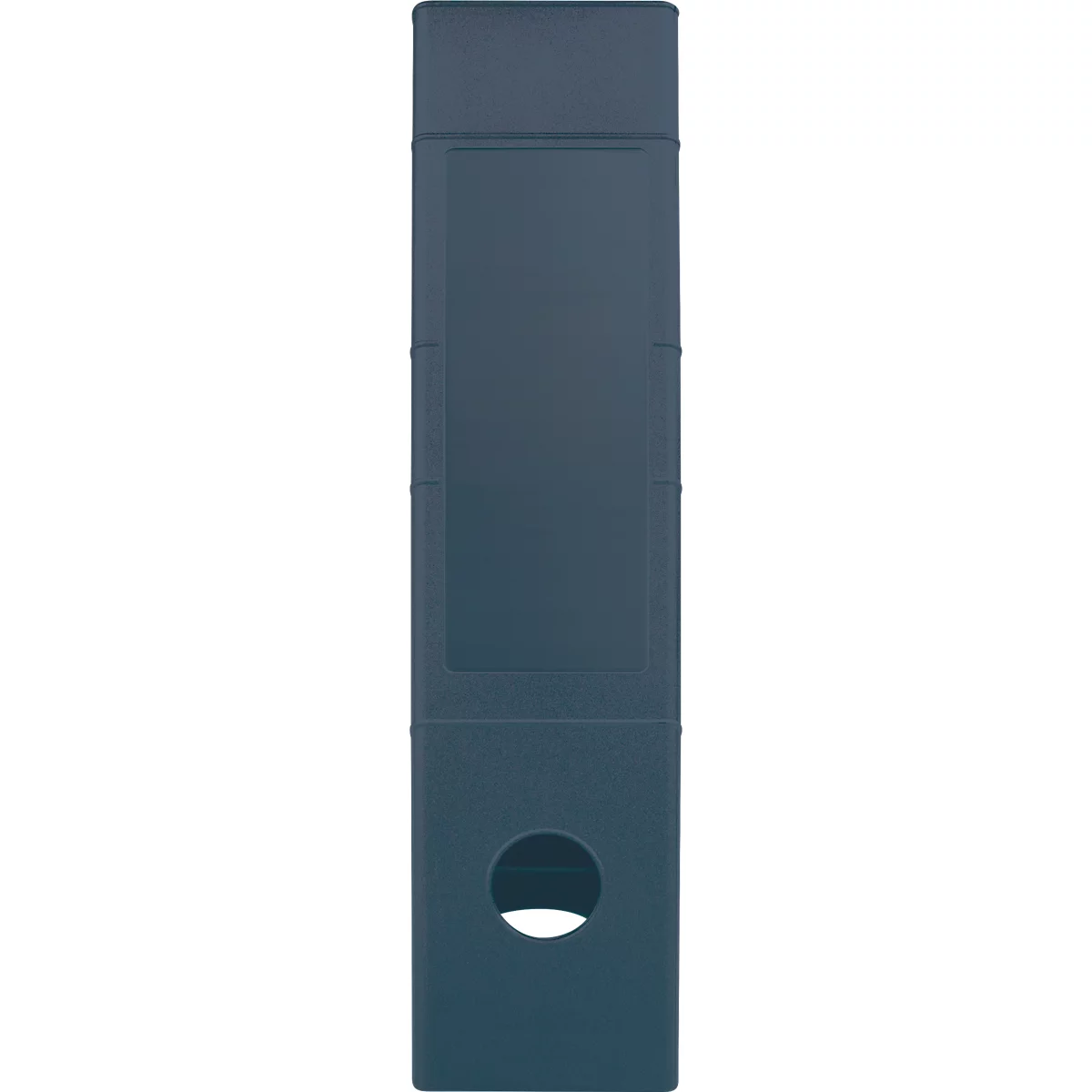 A long, dark blue object with an oval hole. It has rectangular shapes and is probably a pen holder.