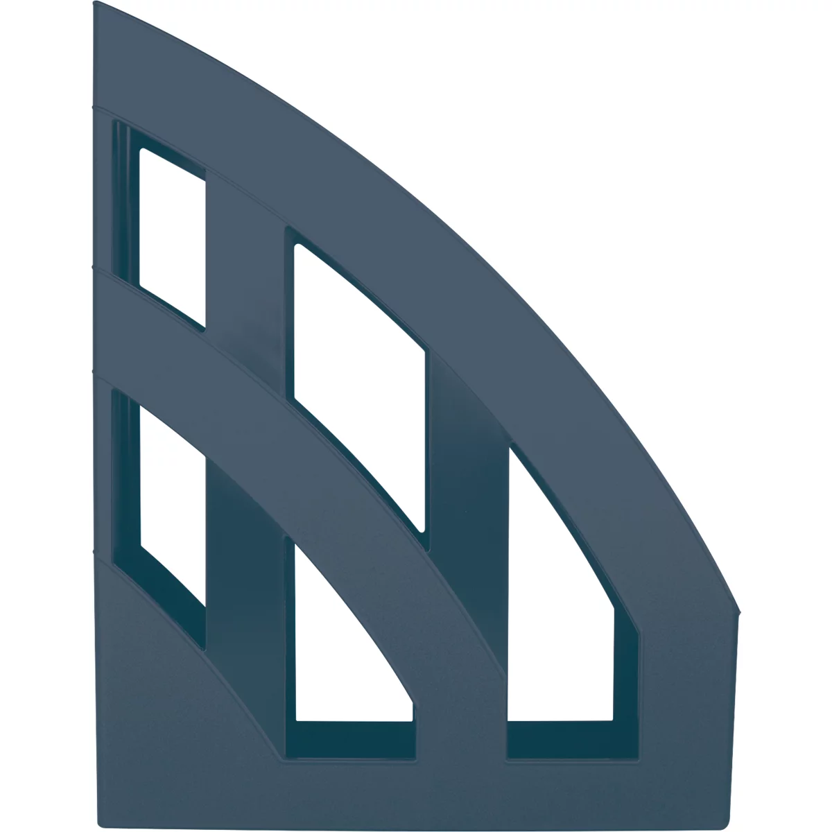 Blue, angular magazine rack with three compartments and geometric cutouts.