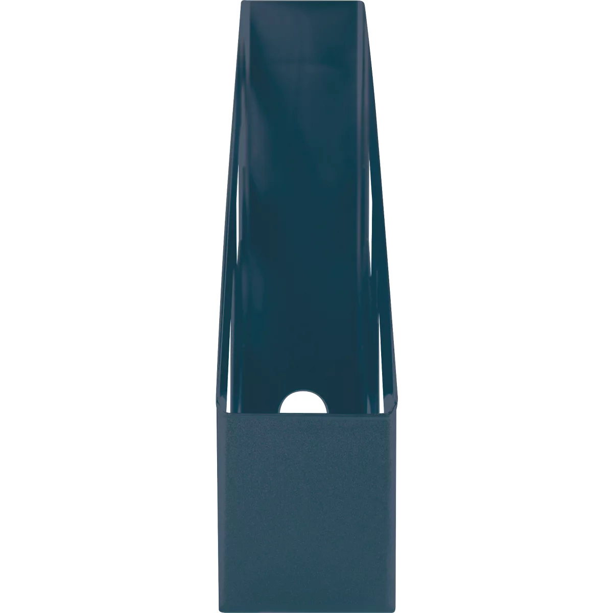 Blue plastic magazine rack. With a semi-circular hole in the middle.