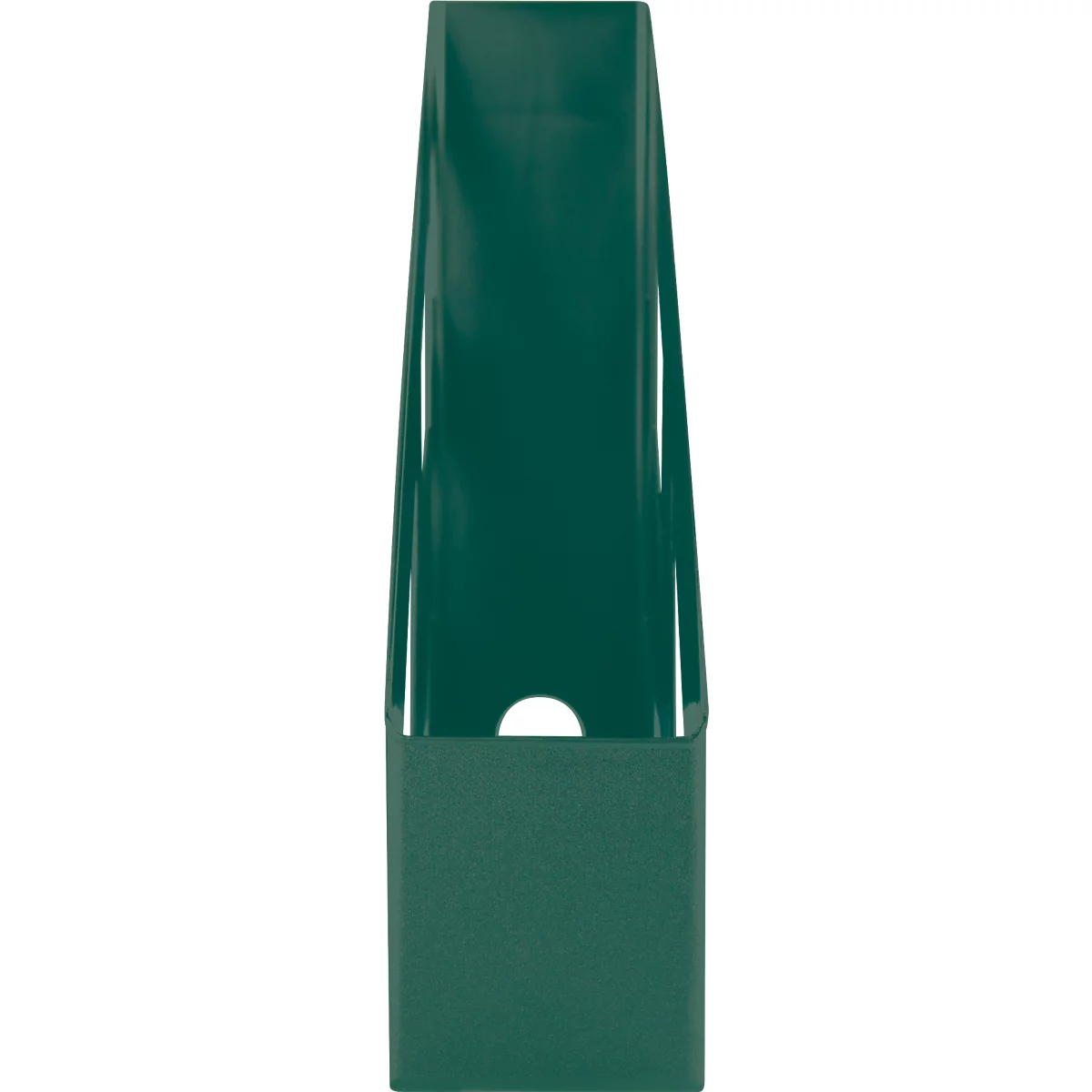Green, elongated holder. Open at the top, with a hole on the front.