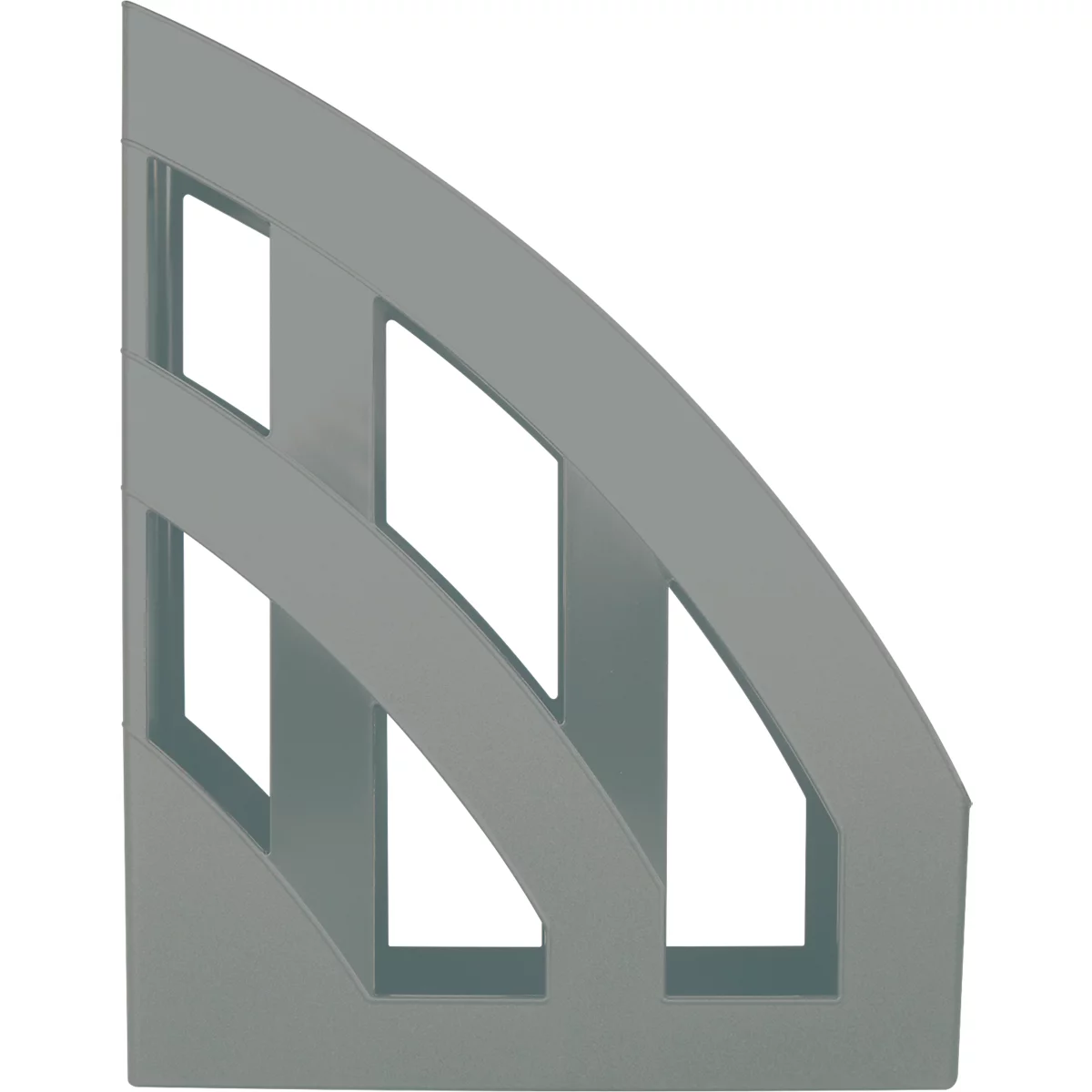 Gray, angular magazine holder with a triple division and open side.
