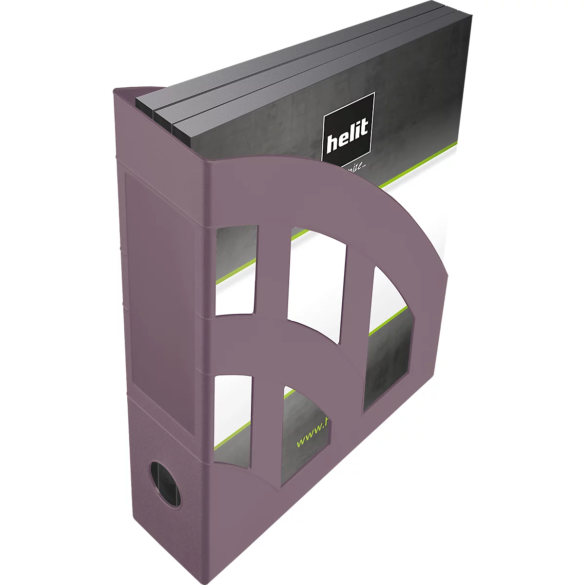 Purple file holder. It says 'helit'.
