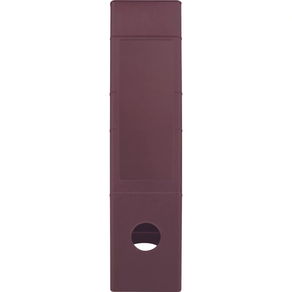 Maroon-colored, oblong object with an oval hole at the bottom.