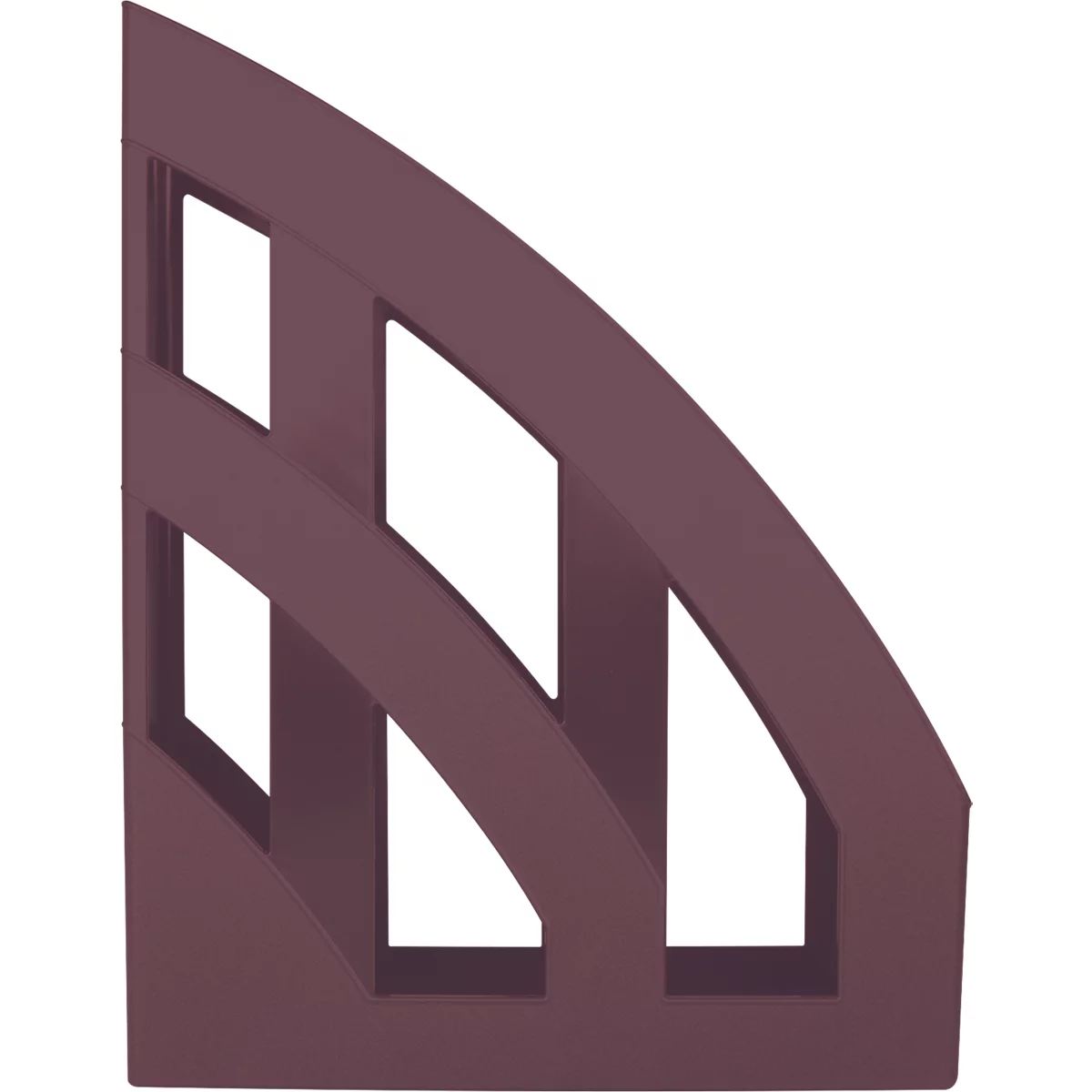 Wine-red magazine rack with open compartments.