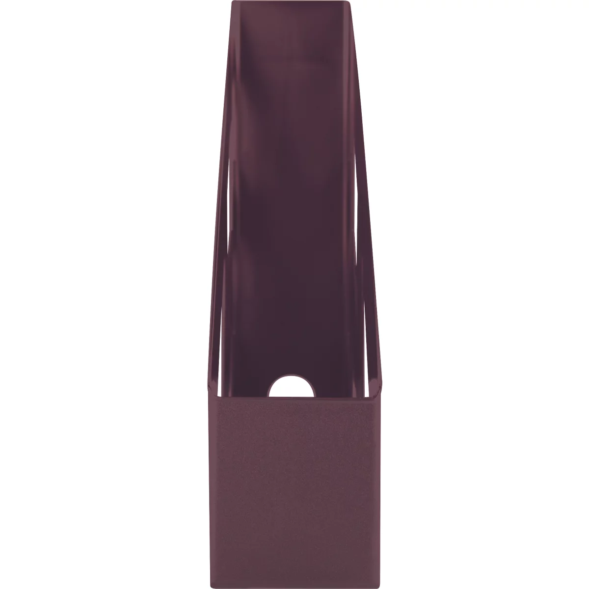 Dark red magazine rack with a round hole.