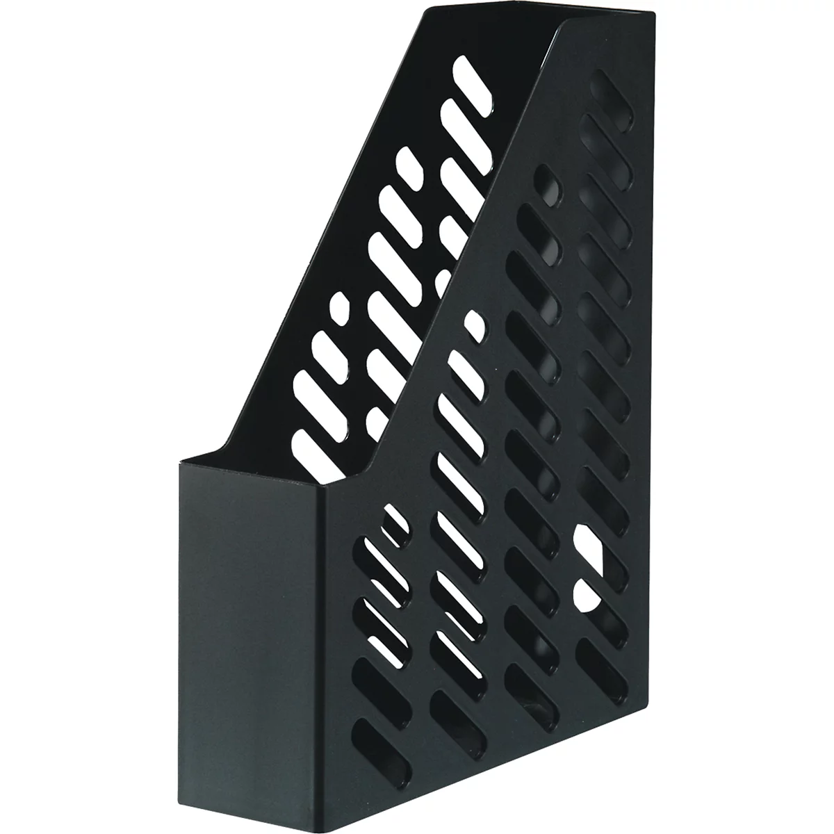 Black magazine rack with slanted, slotted cutouts. A sturdy, minimalist design for office use.