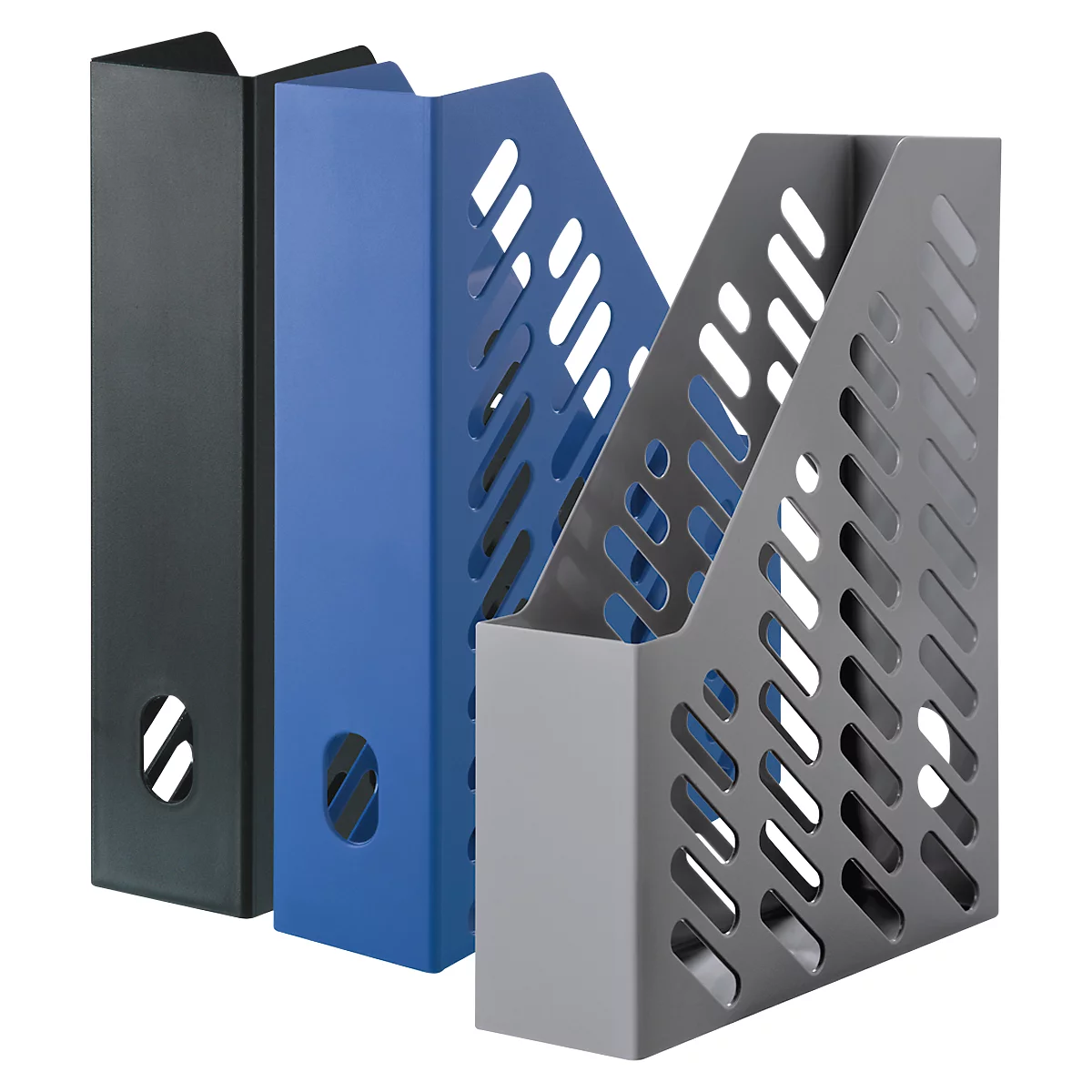 Three colorful, upright magazine holders. Black, blue and gray with a hole pattern.