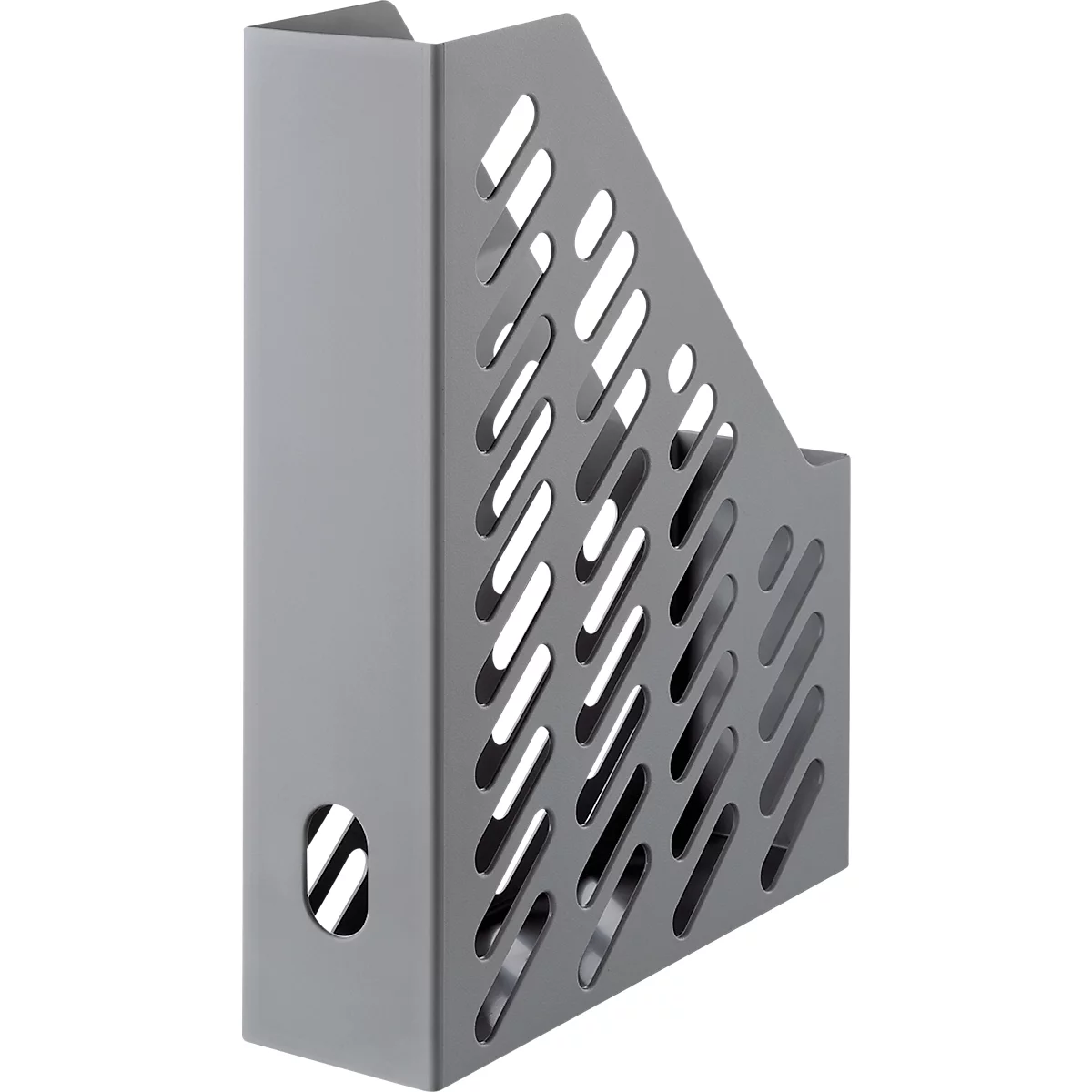 Gray magazine holder with diagonally arranged openings. There is a round hole on the side.