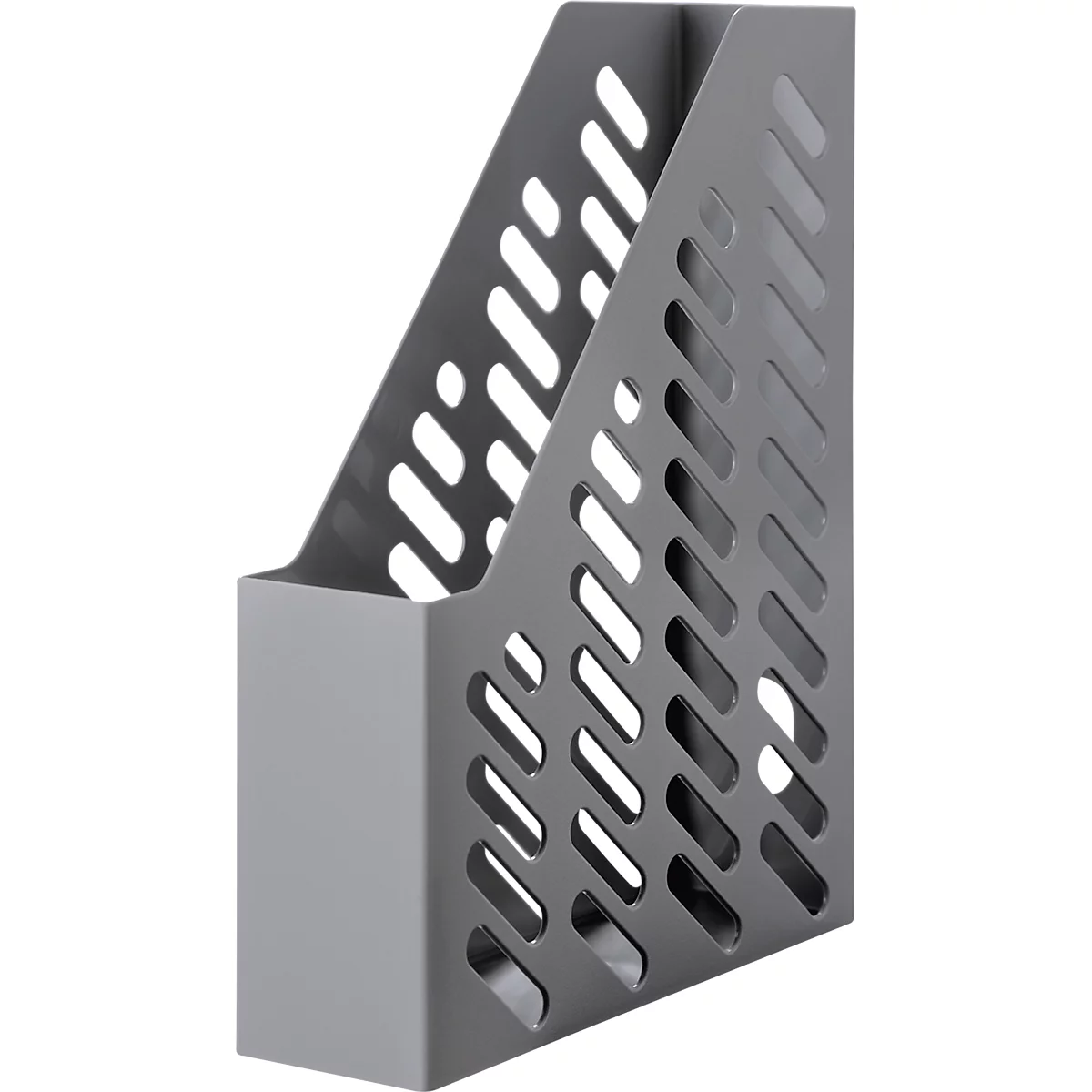 Gray magazine holder with slanted slots. The front has an open area, the sides slope upwards.