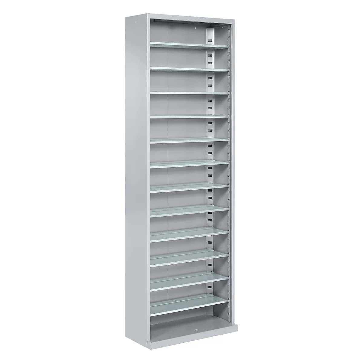 A tall, gray cabinet with multiple shelves. The shelves are arranged horizontally and separated by vertical supports.