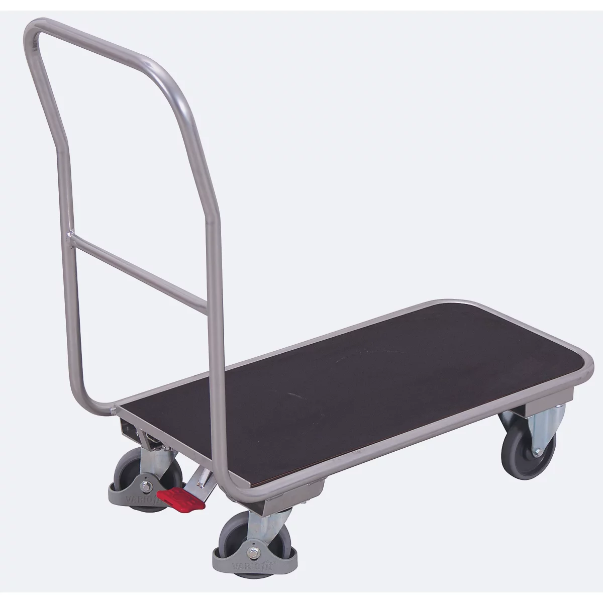 A gray platform cart with a black loading surface and handle, against a white background.
