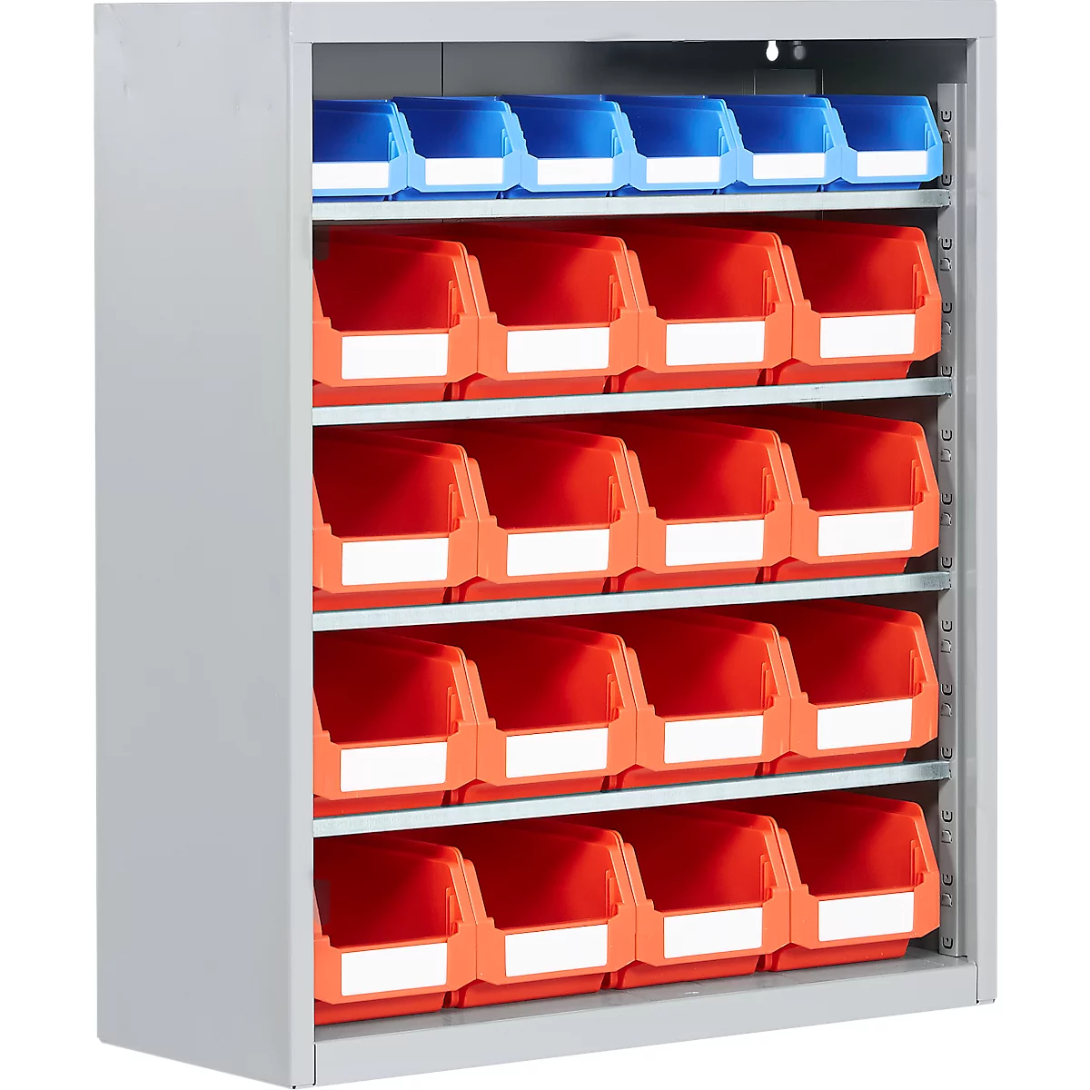 Magazinregal, 830 mm hoch, 6 Böden, 22 Kästen, lichtgrau 
