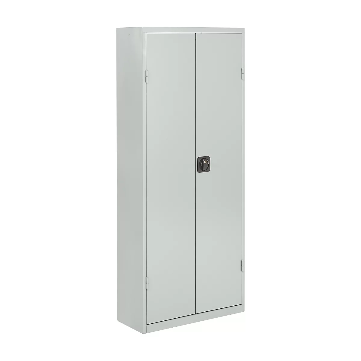 Grauer, zweitüriger Aktenschrank mit schlichtem Griff.