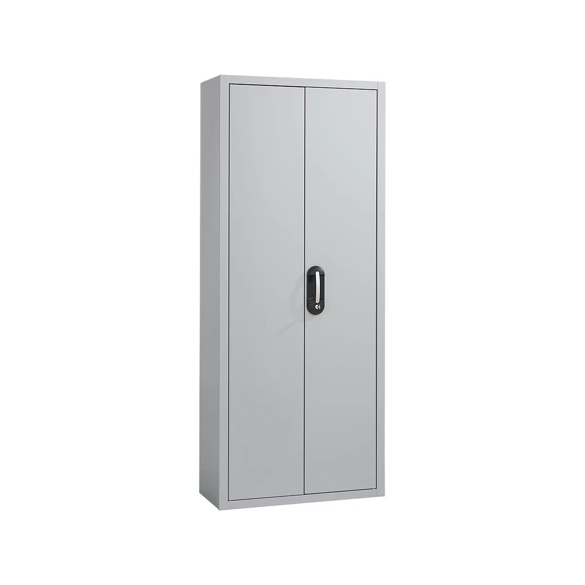 Ein grauer Stahlschrank mit zwei Türen und einem schwarzen Griff.