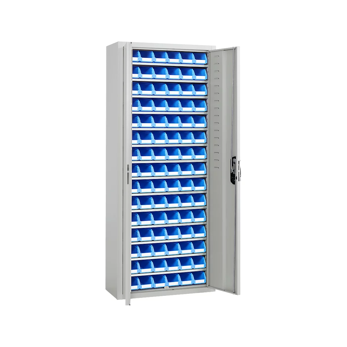 Grauer Werkzeugschrank mit geöffneten Türen. Er ist mit blauen Behältern gefüllt.