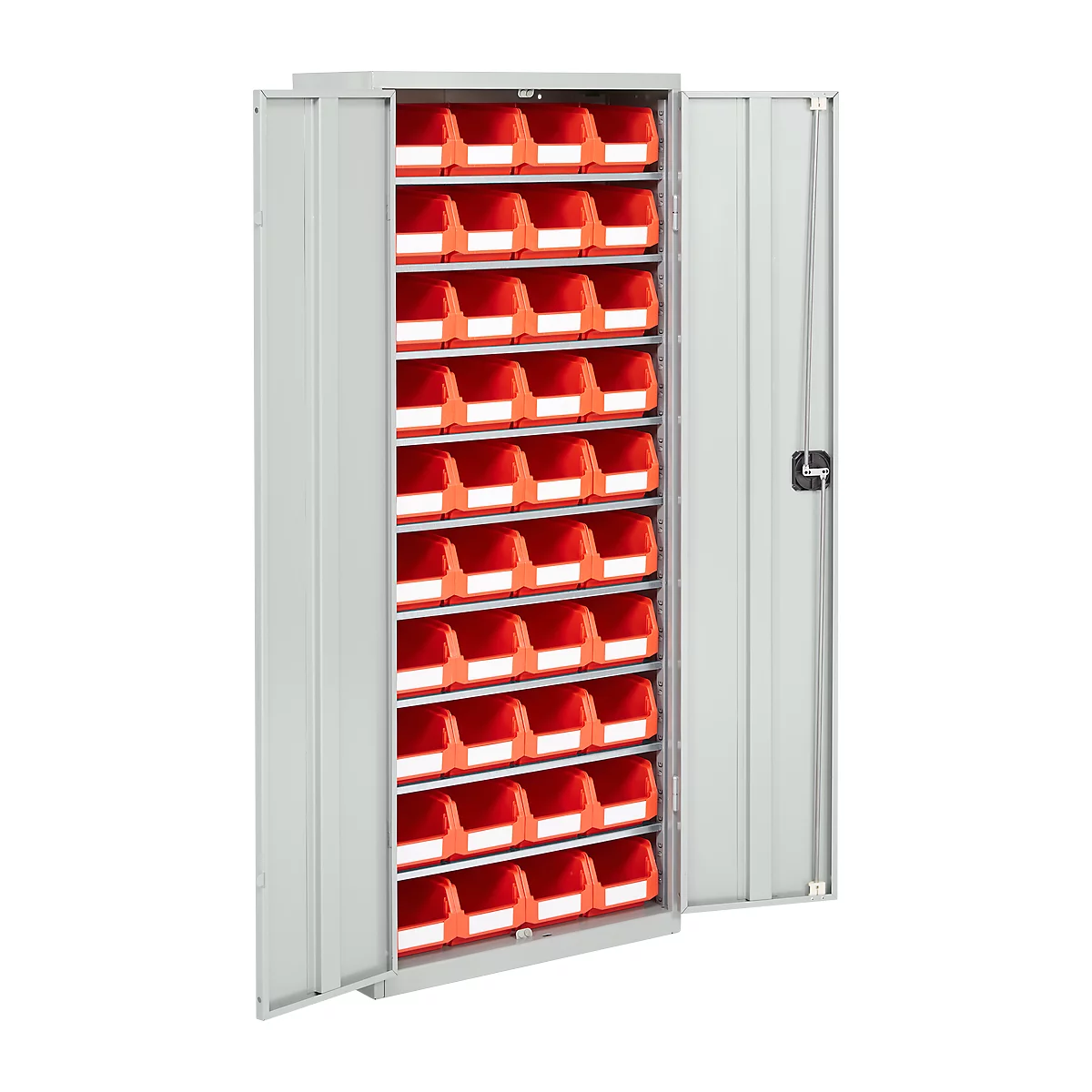 Grauer Metallschrank mit offenen Türen. Rote Schubladen in vielen Reihen.