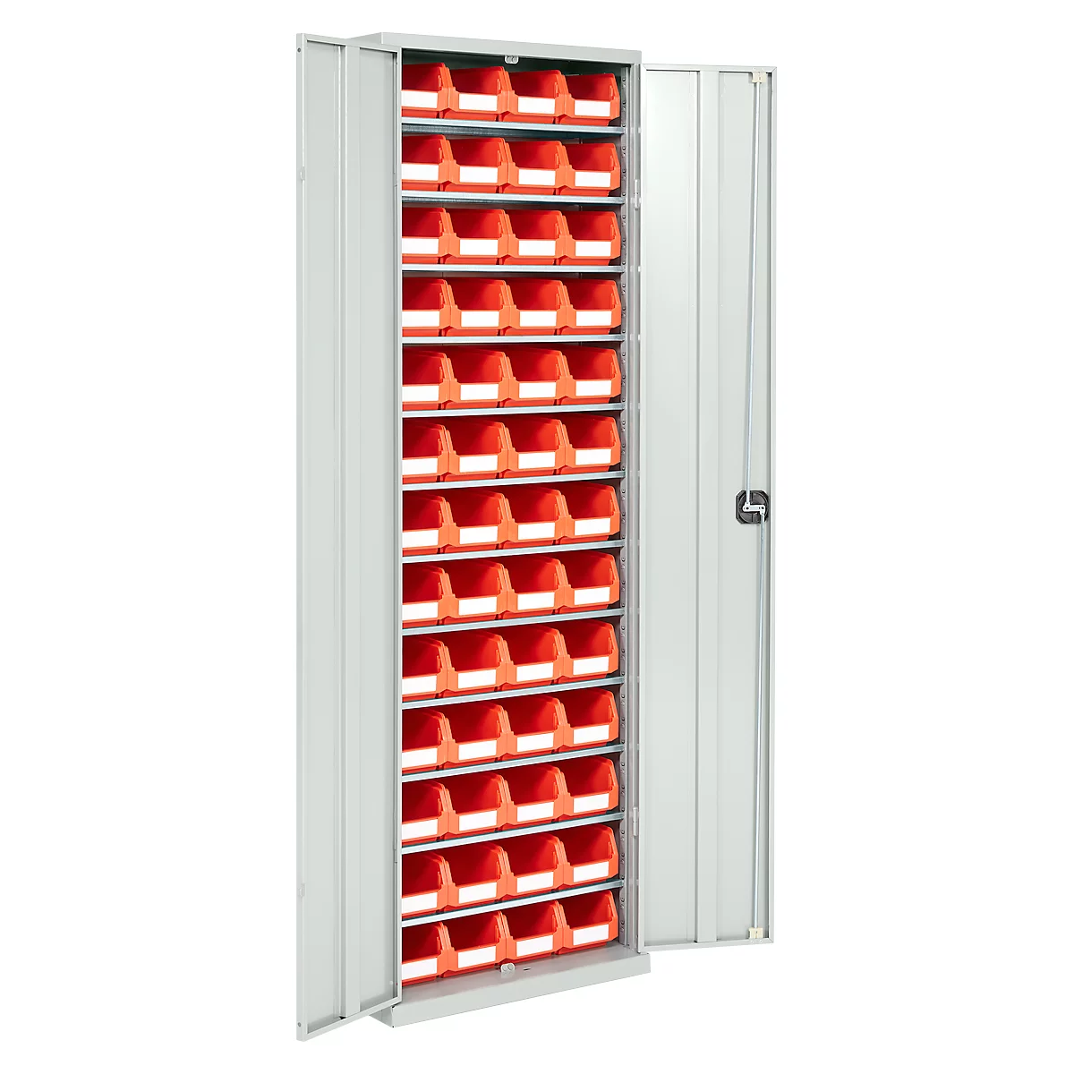 Magazinschrank, 1980 mm hoch, 12 Böden, 52 Kästen, mit Türen, lichtgrau