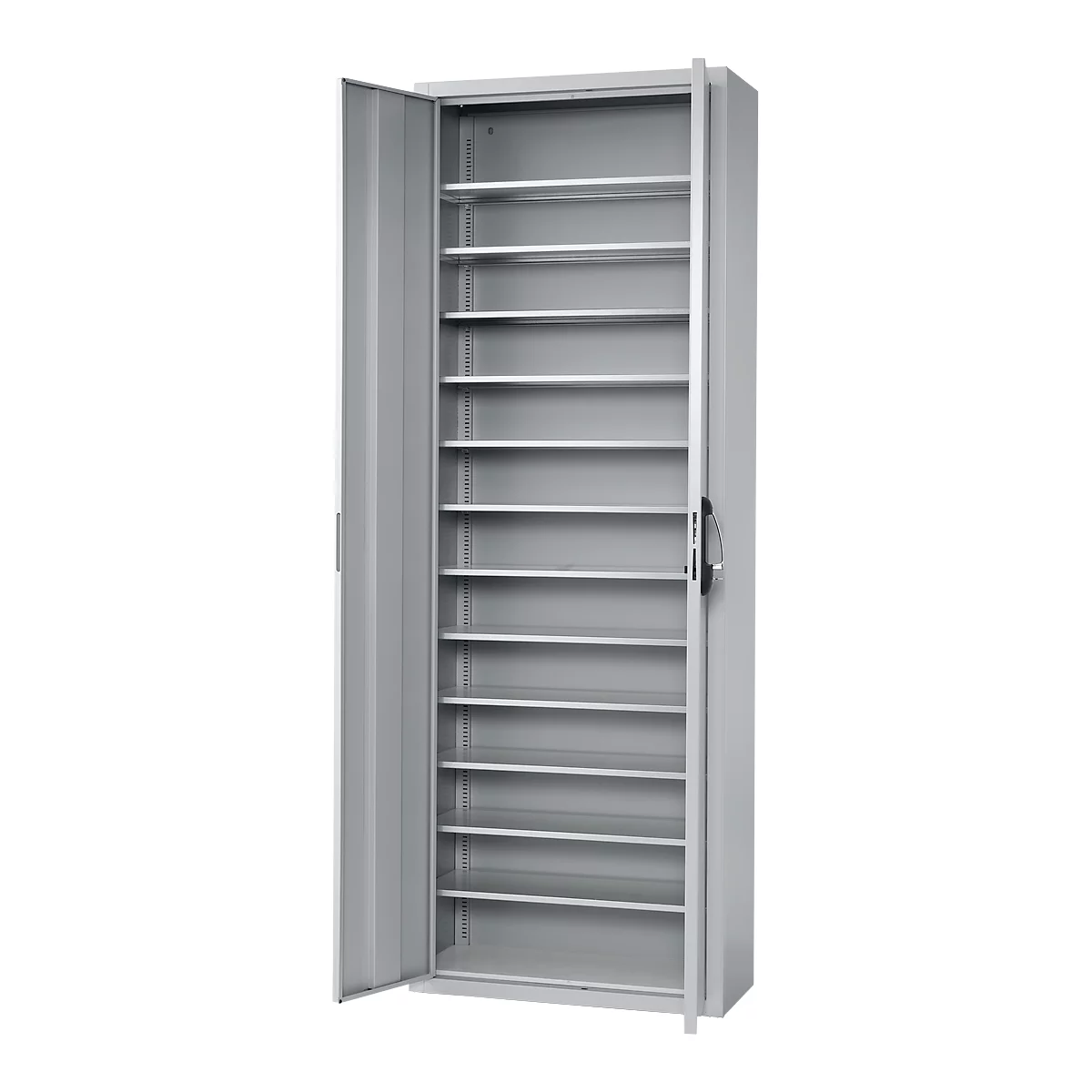 Magazinschrank, 1980 mm hoch, 12 Böden, ohne Kästen, mit Türen, hellsilber