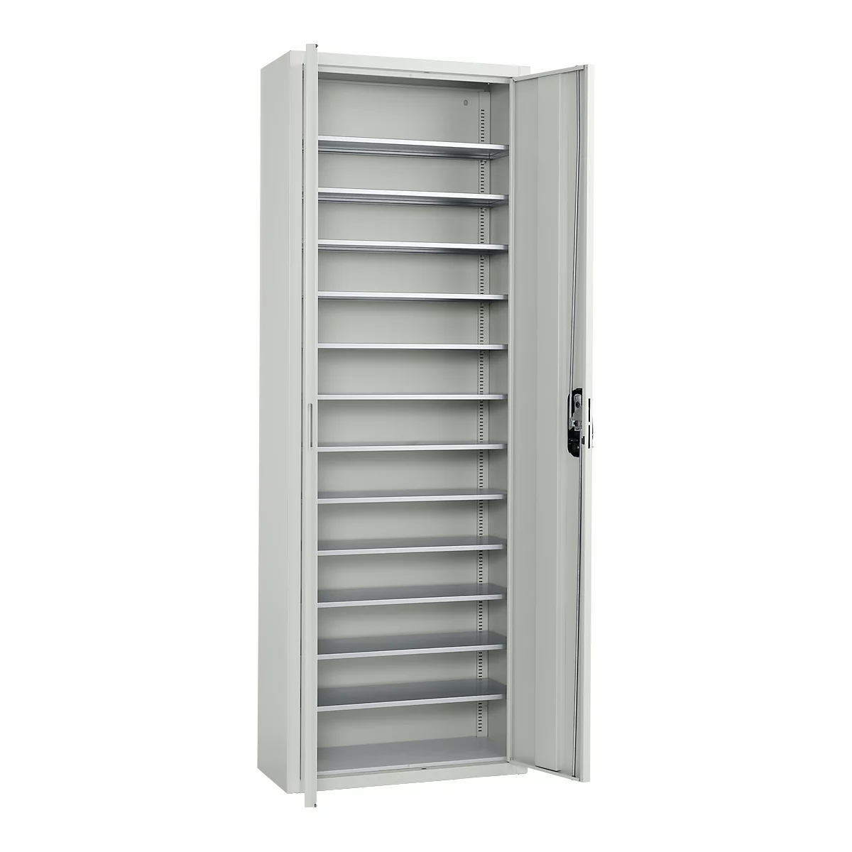 Magazinschrank, 1980 mm hoch, 12 Böden, ohne Kästen, mit Türen, lichtgrau