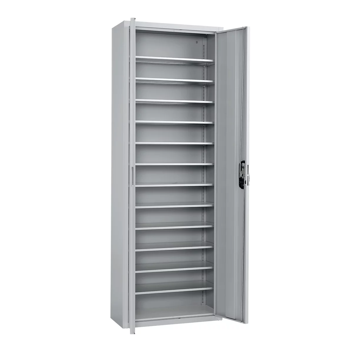 Magazinschrank, 1980 mm hoch, 15 Böden, 82 Kästen, mit Türen, hellsilber