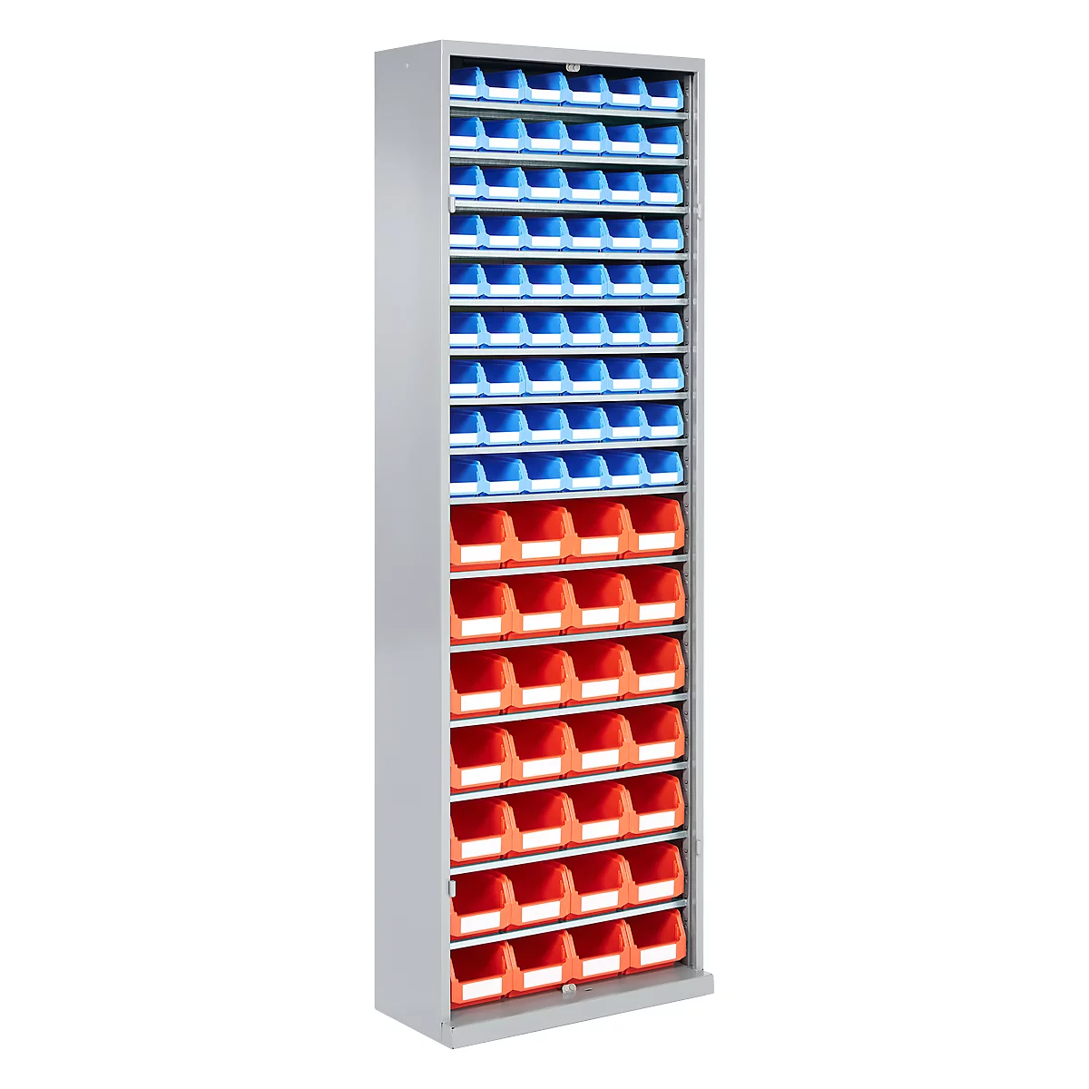 Magazinschrank, 1980 mm hoch, 15 Böden, 82 Kästen, ohne Türen, hellsilber