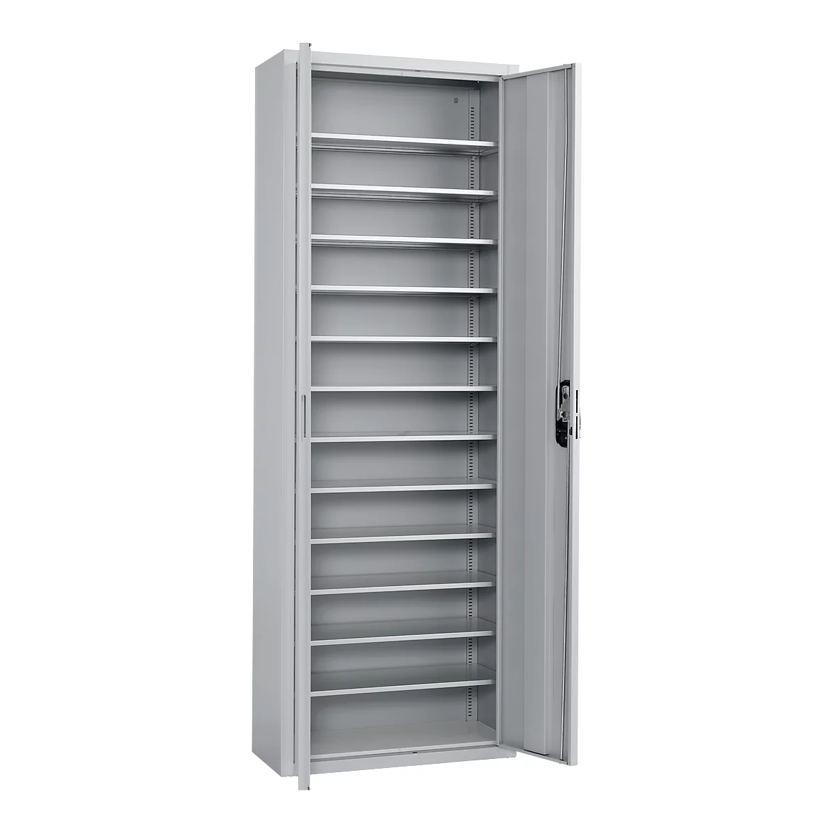 Magazinschrank, 1980 mm hoch, 18 Böden, 114 Kästen, mit Türen, hellsilber