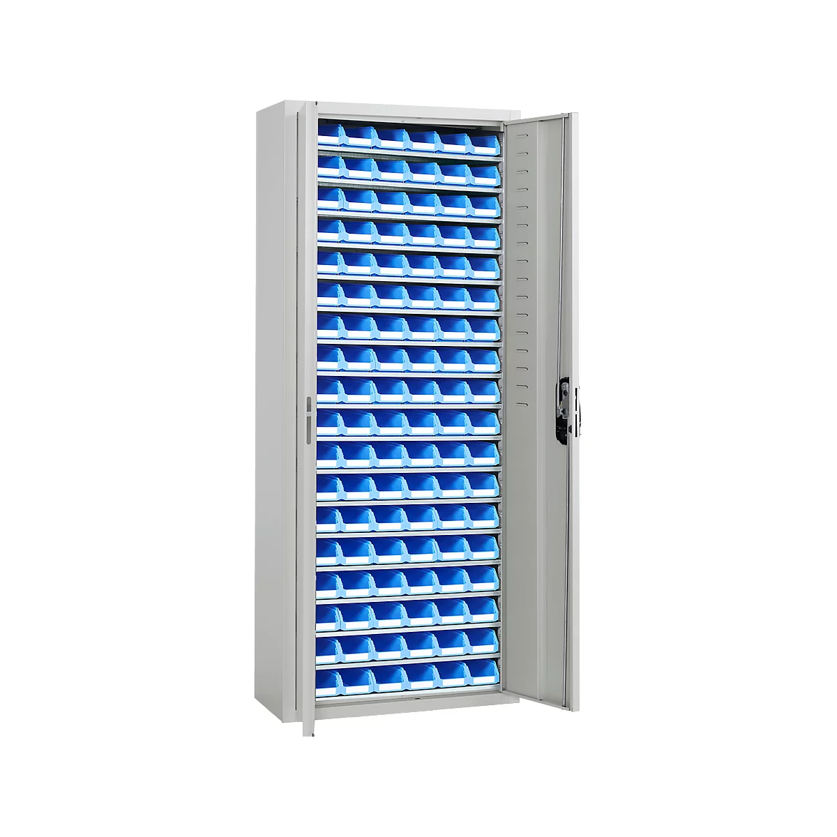 Grauer Werkzeugschrank mit blauen Behältern, offene Tür, viele Reihen, für Kleinteile oder Schrauben.