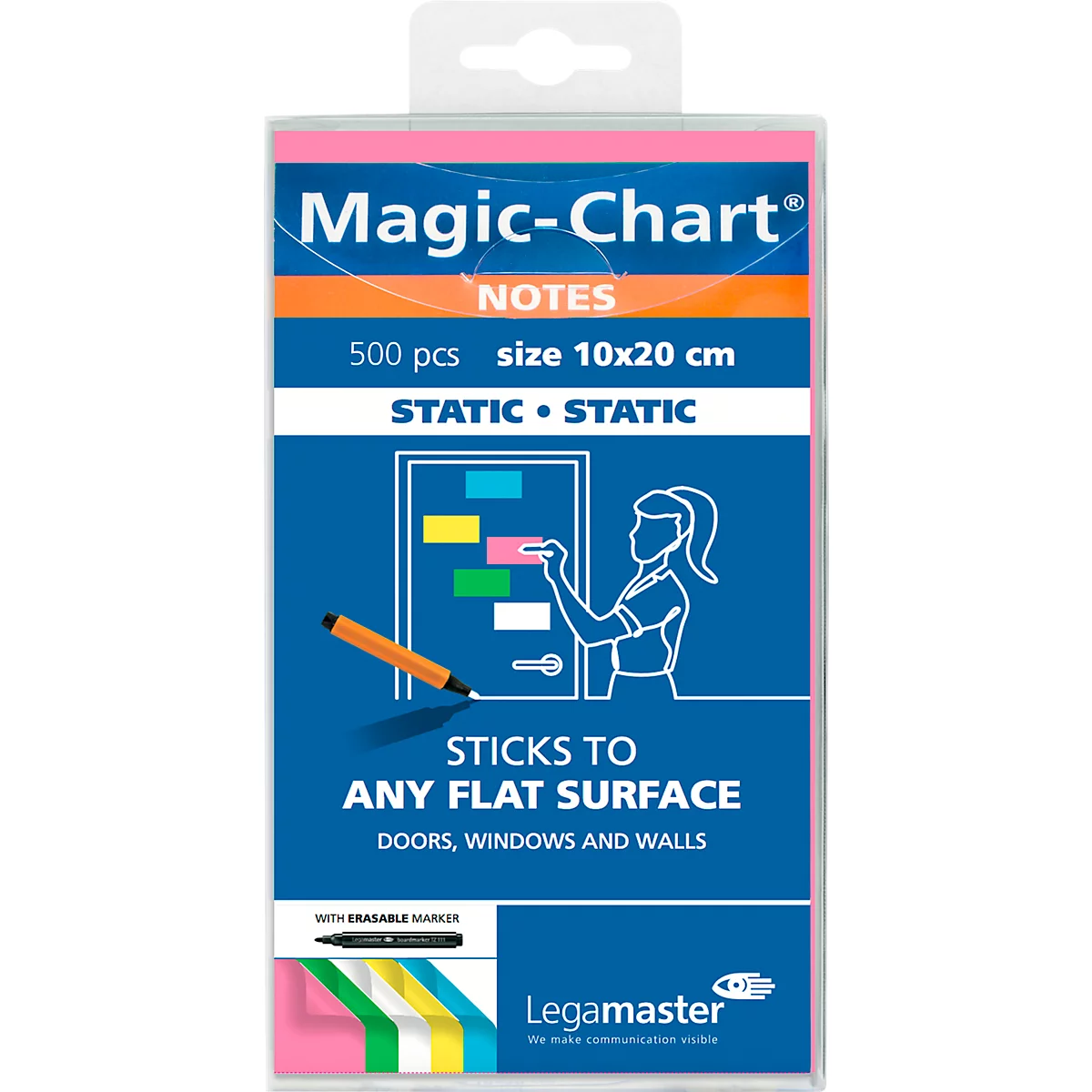 Magic Chart Notes Legamaster, rechteckig, blanko, 2-seitig nutzbar, beschreibbar, selbstklebend, inkl. Boardmarker, B 200 x H 100 mm, Polypropylen, farbsortiert, 5 x 100 Stück