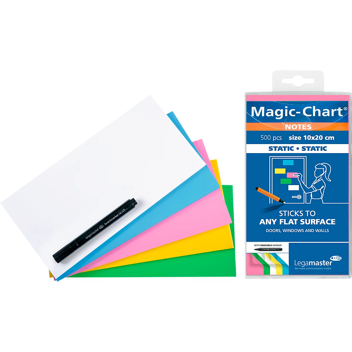 Magic Chart Notes Legamaster, rechteckig, blanko, 2-seitig nutzbar, beschreibbar, selbstklebend, inkl. Boardmarker, B 200 x H 100 mm, Polypropylen, farbsortiert, 5 x 100 Stück