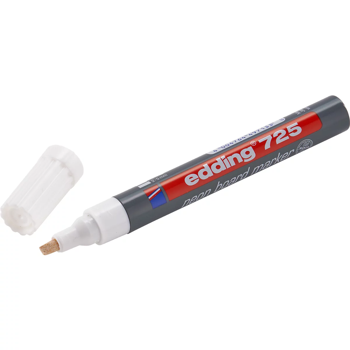 Ein Edding 725 Neon-Boardmarker mit geöffneter Kappe. Der Stift ist grau, rot und weiß. Auf dem Stift steht Edding 725.
