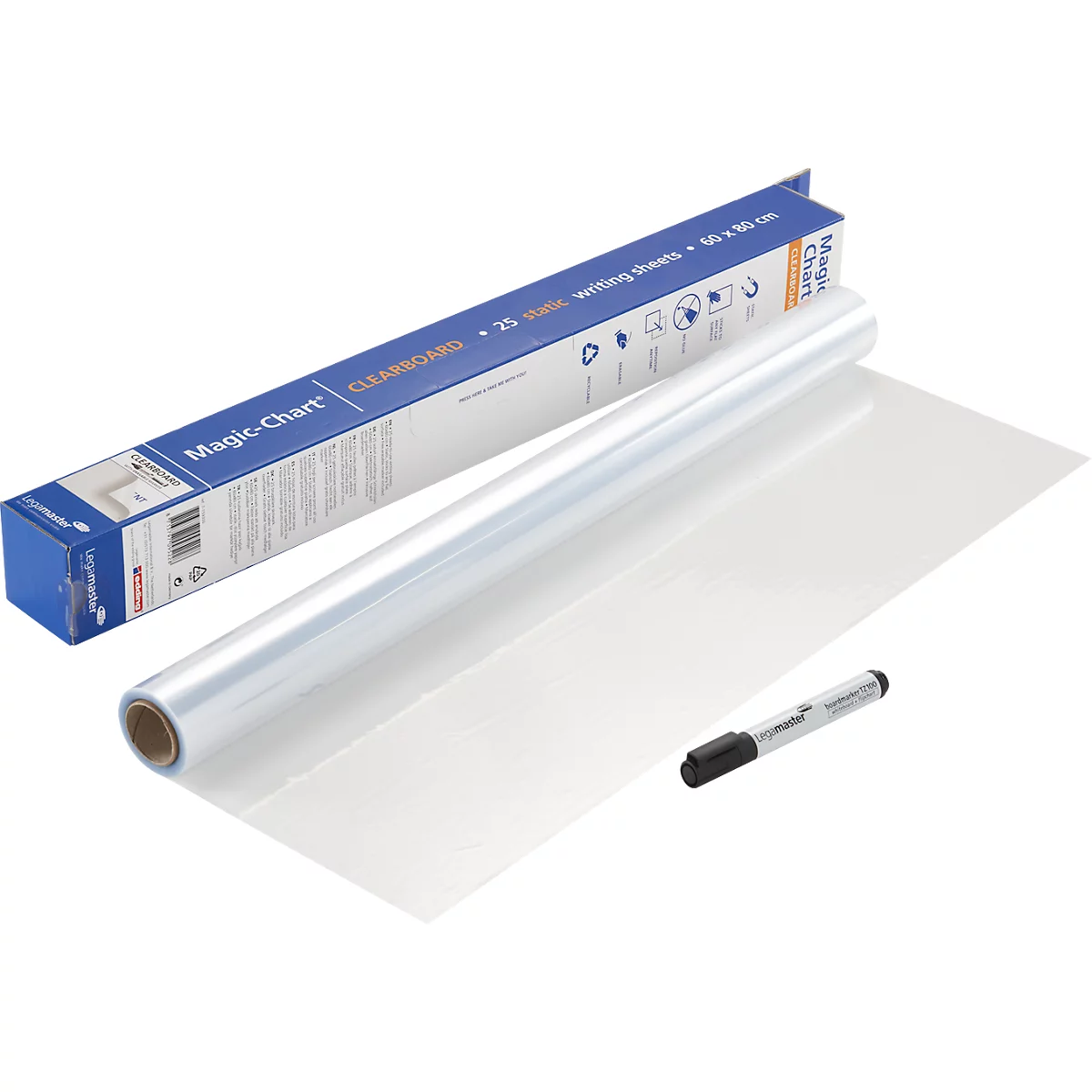 Ein Set aus transparenten Schreibfolien, Stift und Box von "Magic Chart". Die Folien liegen ausgerollt auf der Seite.