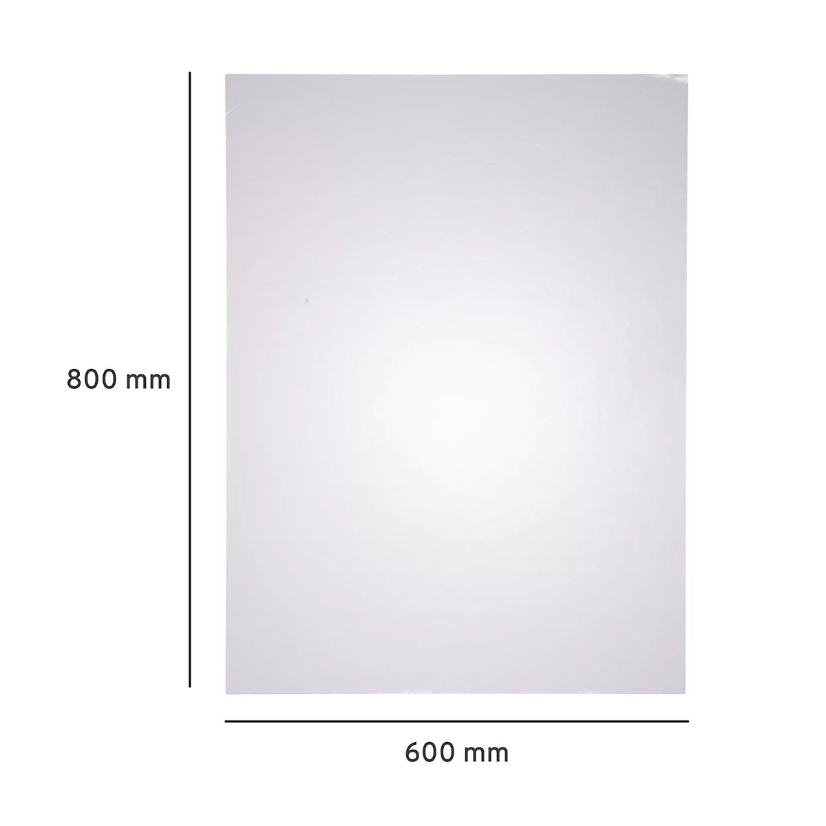 Rechteckige weiße Platte mit Abmessungen 800 mm x 600 mm. Die Maße sind beschriftet.