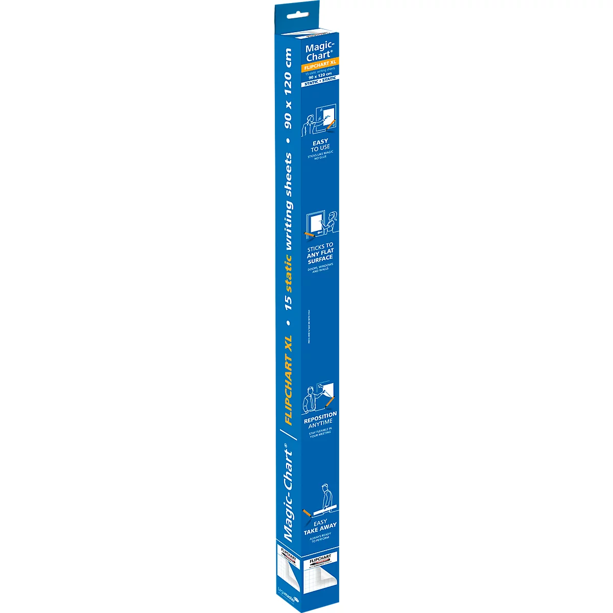 Blauer Flipchart-Block mit dem Schriftzug "Magic-Chart" und Produktinformationen. Aufschrift: 90 x 120 cm.