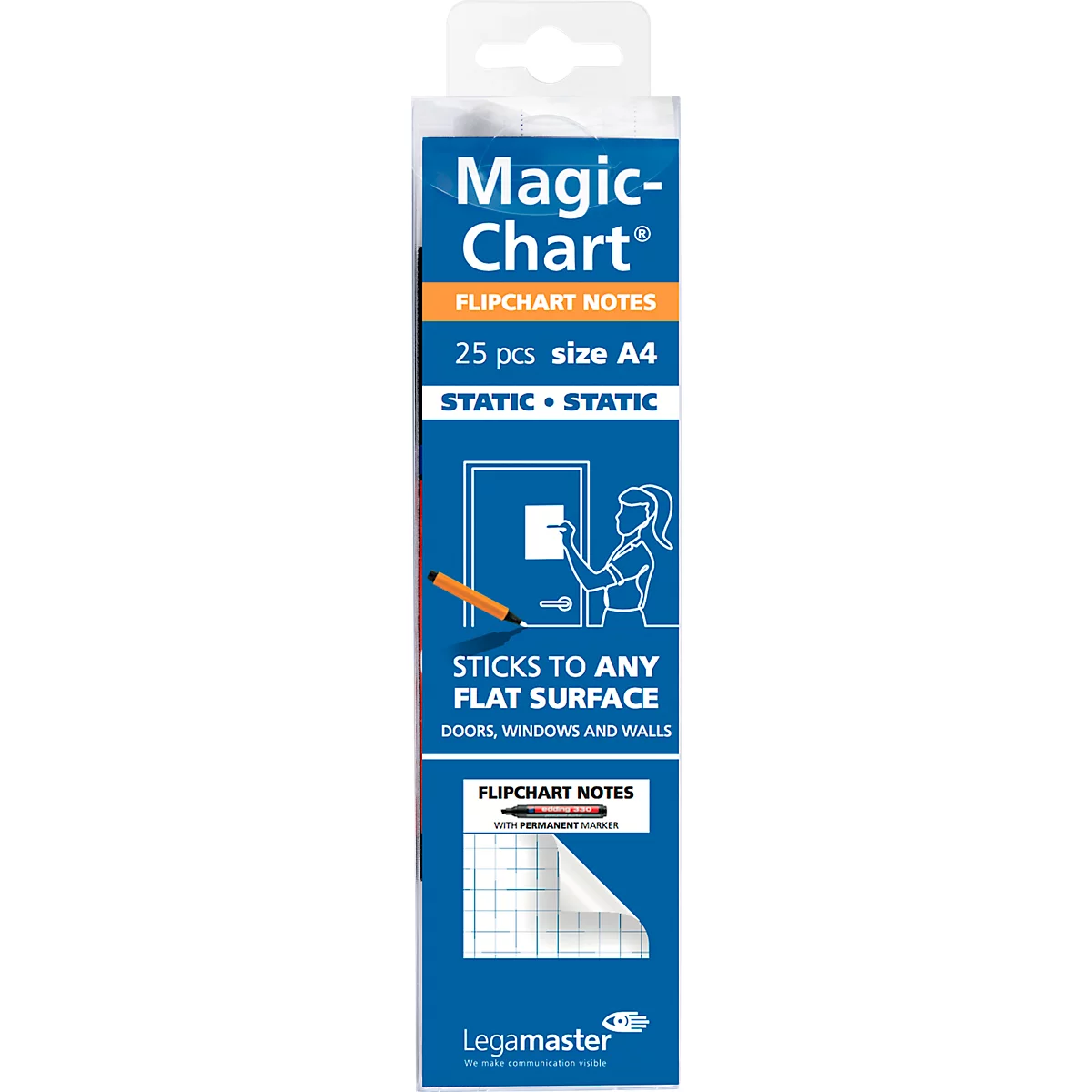 Verpackung der Magic-Chart Flipchart-Notizen, blaue Schrift, zeigt ein Produkt an einer Tür.