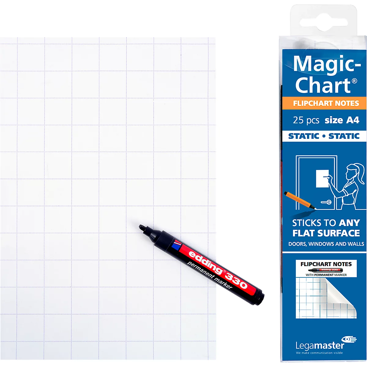 Ein weißes, kariertes Flipchart mit einem schwarzen Edding-Marker und einer Packung Magic-Chart Notizen.