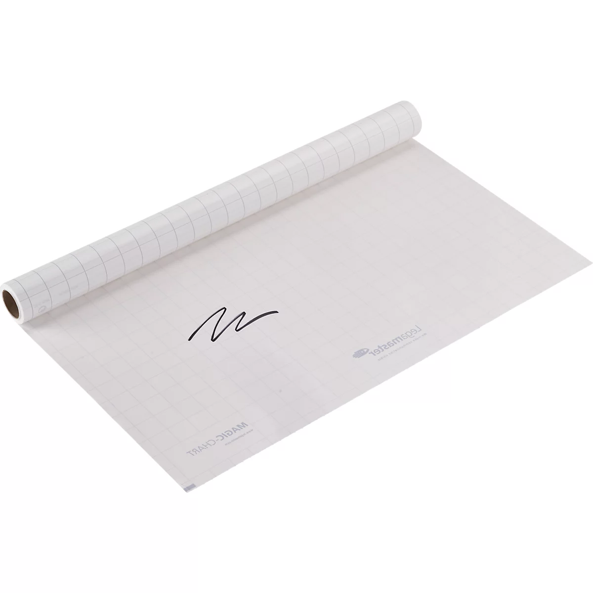 Gerollte, transparente Folie mit Rastermuster. Ein geschwungenes, schwarzes Zeichen und Schriftzug auf der Folie.