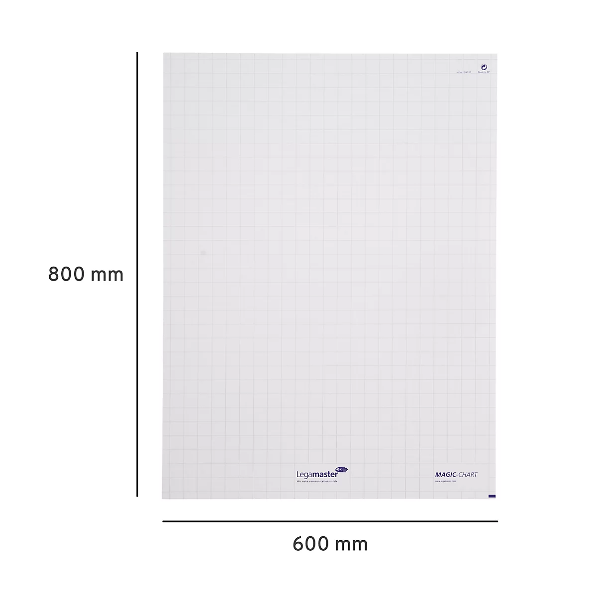 Weißes kariertes Flipchart-Blatt, 800 x 600 mm groß, mit Logo und "MAGIC CHART" Schriftzug.