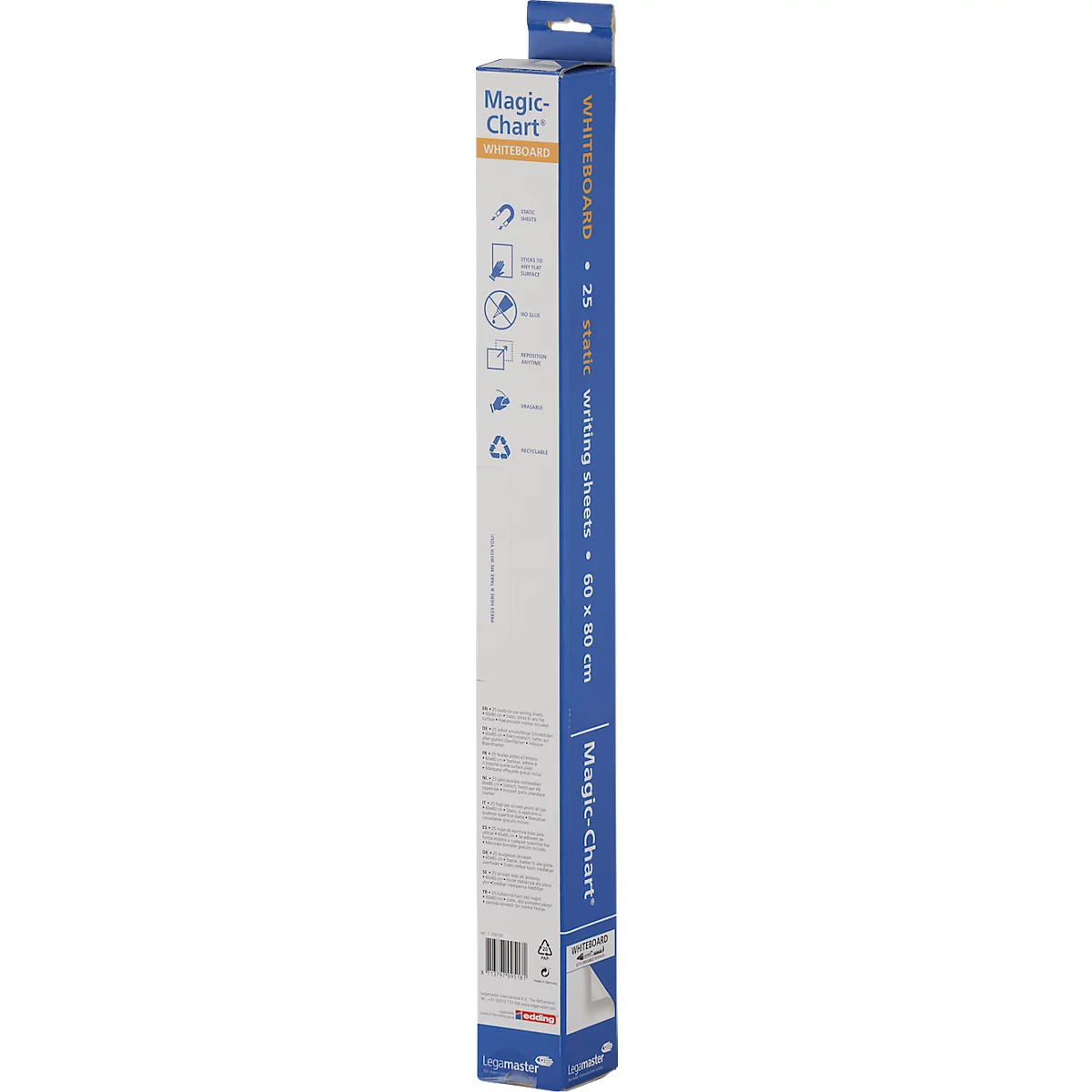 Produktverpackung Magic Chart Whiteboard. Blau, weiß und orangefarbene Schrift, mit Produktinformationen.