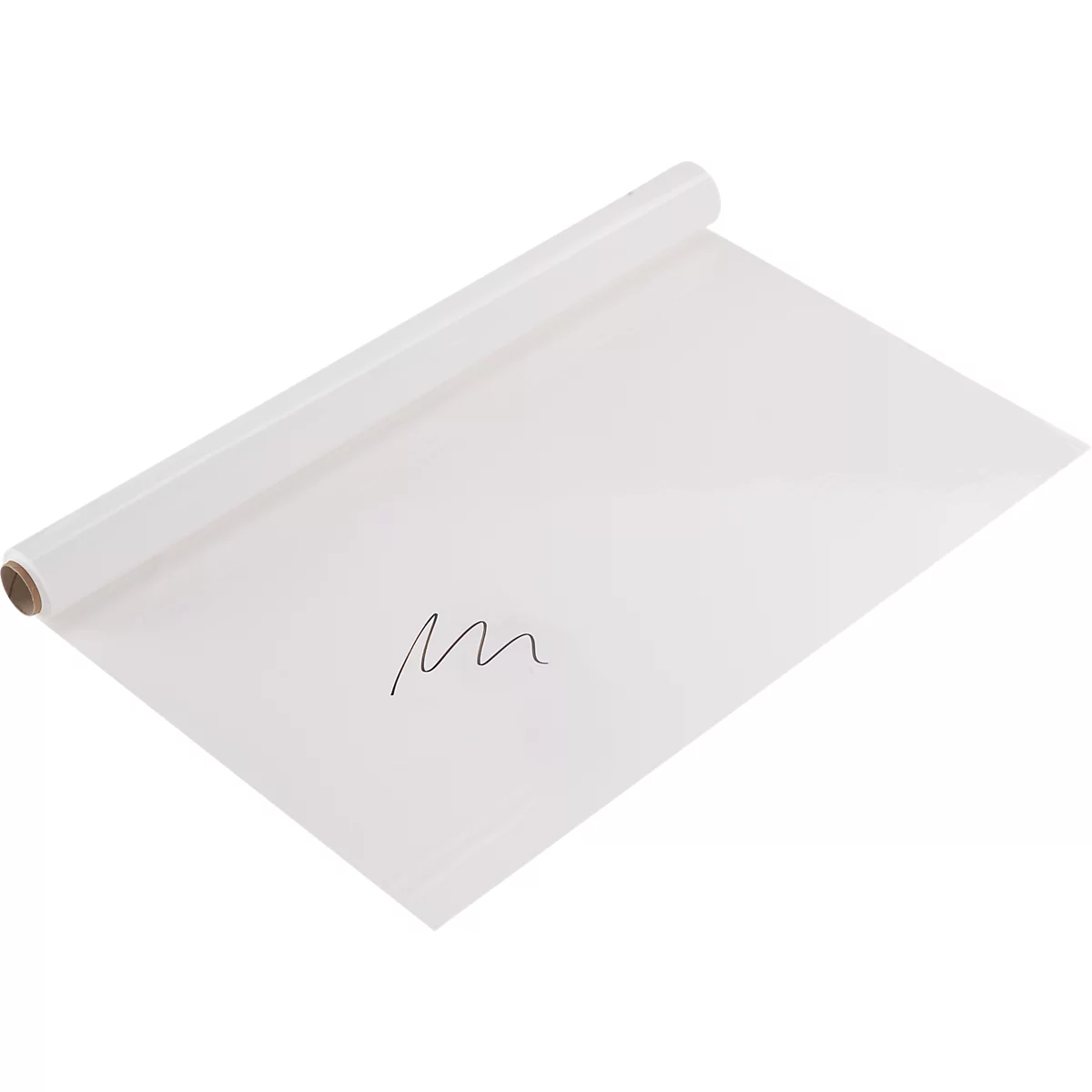 Gerollte, transparente Folie mit braunem Kern. Auf der Folie eine geschwungene, schwarze Linie.