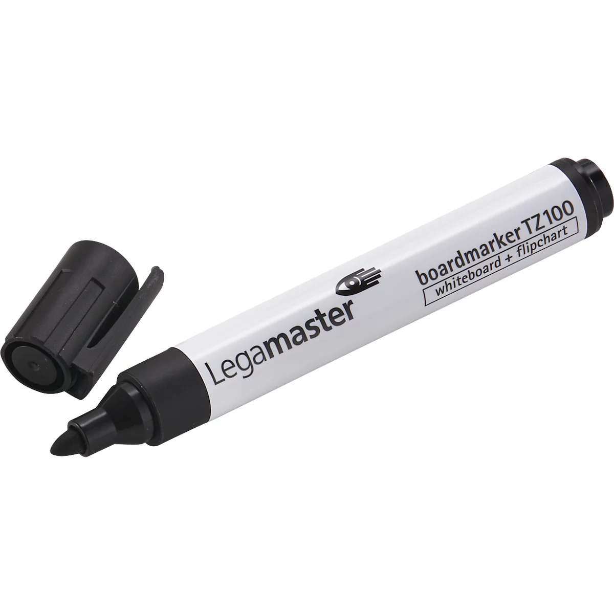 Ein weißer Legamaster Boardmarker, Kappe daneben. Aufschrift: Boardmarker TZ100 Whiteboard + Flipchart.