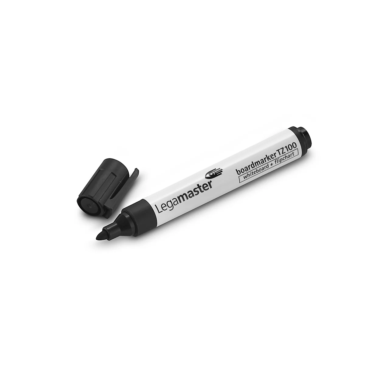 Un rotulador de pizarra blanco Legamaster con una tapa negra al lado. El bolígrafo dice "boardmarker TZ100".