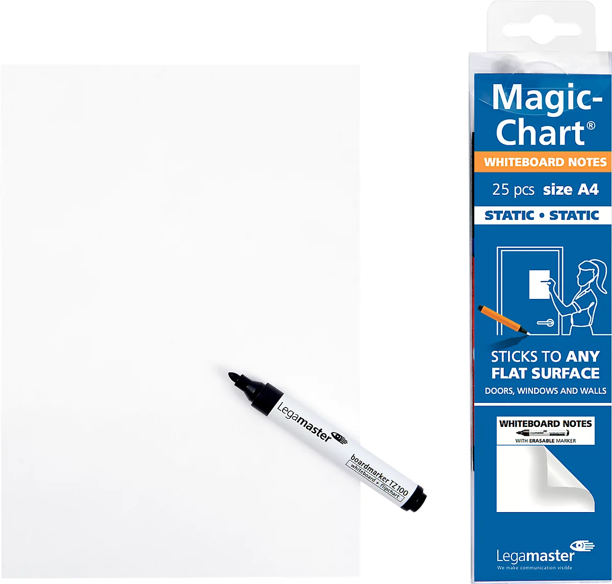 Magic Charts Legamaster, para pizarras blancas, en blanco, autoadhesivo y rotulable, incl. marcador de pizarra, L 200 x A 300 mm, 100 % reciclable, polipropileno, blanco, 25 hojas